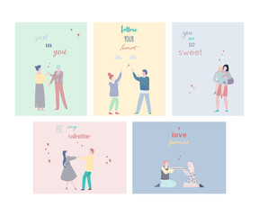 Happy Valentines day cards set. People in love with typography quotes. Happy dating couples. Design template for greeting card, invitation. Vector illustration