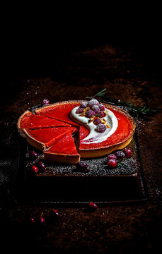 Cranberry curd tart on tray