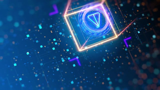 Telegram Open Network logo. Financial and business sign on digital background. Video with bokeh, neon lights.