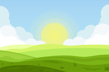 Obraz na płótnie Canvas Vector illustration of fields landscape with a green hills, blue sky, and forest in flat style. Rural landscape. Vector illustration.