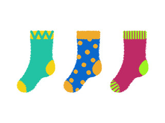 RVB de base. Vector illustration of set of kid colorful  socks. Doted blue socks, Striped pink socks.