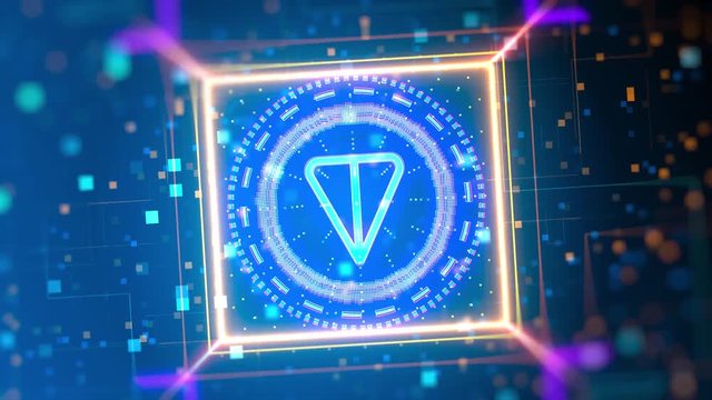 TON Virtual Machine logo. Financial and business sign on digital background. Video with bokeh, neon lights.
