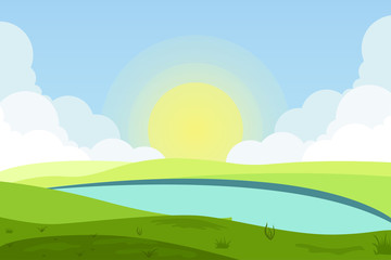 Vector illustration of fields landscape with a green hills, blue sky, and forest in flat style. Rural landscape. Vector illustration.