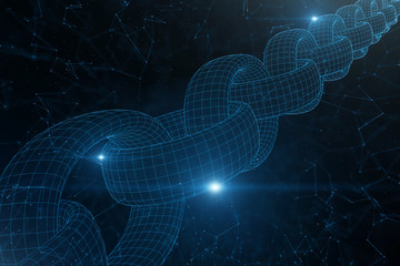 Abstract blockchain chain with flare of light on computer cyberspace network illustration background. 