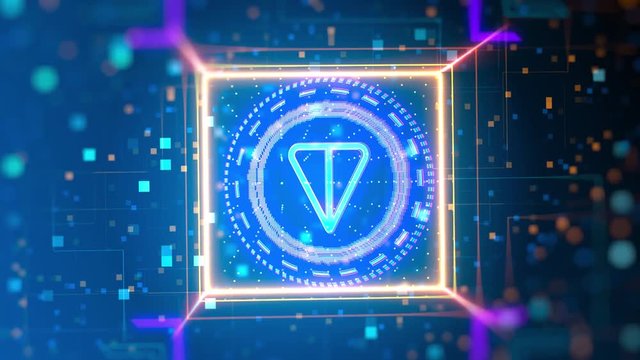 Telegram digital currency logo. Financial and business sign on digital background. Video with bokeh, neon lights.