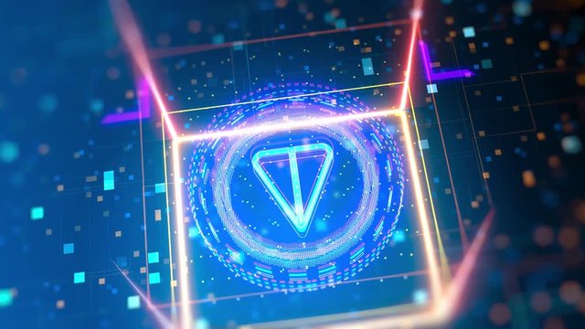 Telegram Open Network concept. Financial and business sign on digital background. Video with bokeh, neon lights.