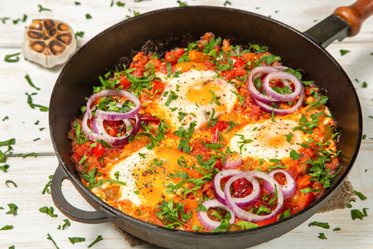 Traditional middle Eastern dish Shakshuka in a pan