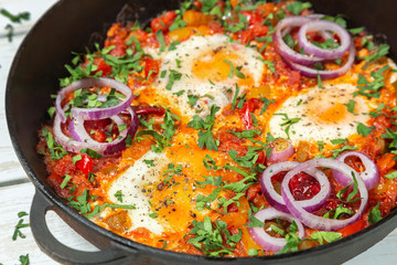 Traditional middle Eastern dish Shakshuka in a pan