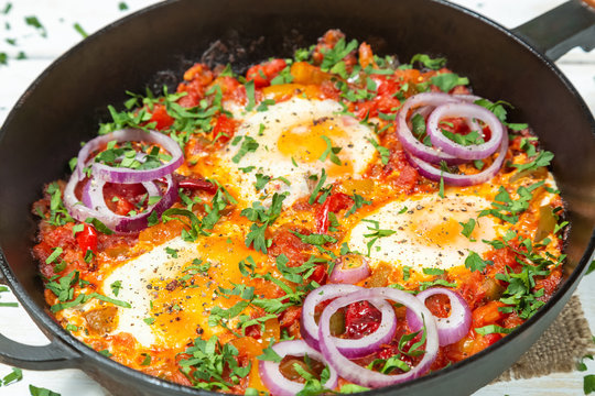 Traditional middle Eastern dish Shakshuka in a pan