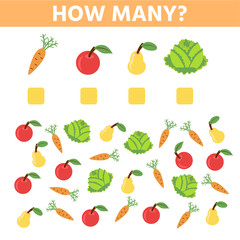 How many. Educational game. Maths task for the development of logical thinking of children. Count carrots, cabbages, apples, pear and write down the result.