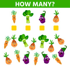 How many. Educational game. Maths task for the development of logical thinking of children. Count carrots, cabbages, onion, salad, eggplant and write down the result.