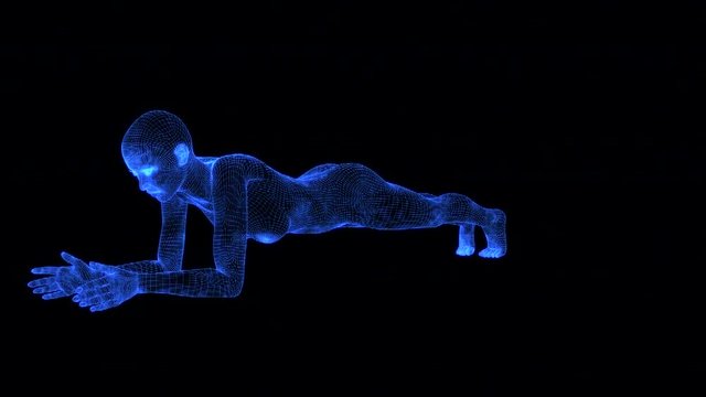 4K Holographic Future Android AI Woman Yoga Planking Seamless Loop