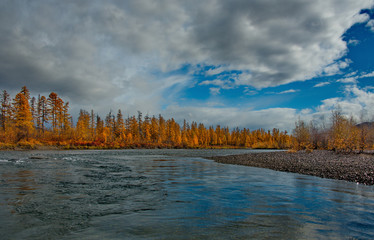 Obraz premium Russia. far East. The colours of autumn are cold-water rivers of Magadan.