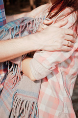Lovers couple, man and woman, hugging, close-up. Valentine's Day, Wedding Day, love story or romantic background