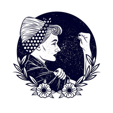 Black and white vector illustration about feminism and women's rights. Tattoo with a girl in vintage style. girl with a bandage on his head shows a fist in protest. Grunge Texture over Logo design