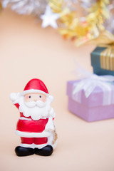 santa claus doll christmas background and gift box and copy space