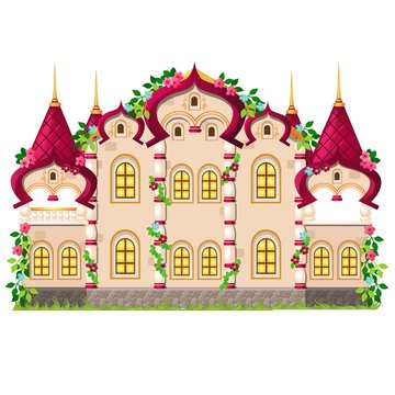 Fairytale castle festively decorated with flowers isolated on white background. Vector cartoon close-up illustration.