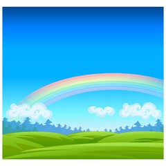 Landscape with coniferous forest on the horizon, clouds, rainbow and grassy meadow. Vector cartoon close-up illustration.