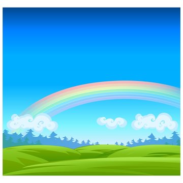 Landscape with coniferous forest on the horizon, clouds, rainbow and grassy meadow. Vector cartoon close-up illustration.