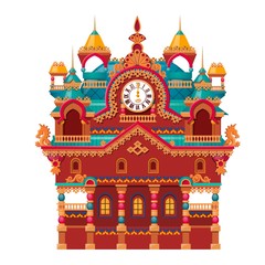 Fairytale castle festively decorated with watch isolated on white background. Vector cartoon close-up illustration.