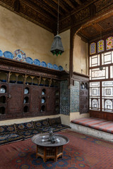Fototapeta na wymiar Interior room in the Bayt Al-Suhaymi, House of Suhaymi, is an old Ottoman era house museum in islamic Cairo, Egypt.