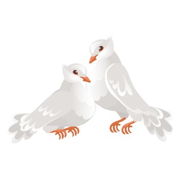 Two wedding doves isolated on white background. Symbol of love and wedding. Vector cartoon close-up illustration.