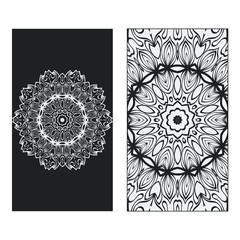 Set of two Yoga card, flyer, poster. Template with mandala for spiritual retreat or yoga studio. Business cards, oriental pattern. Vector illustration. Islam, arabic, indian, ottoman motifs