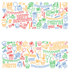 Vector pattern for birthday party for little kindergarten, school children. Kids drawing doodle style