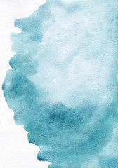 Sea green watercolor background. Aquarelle blue green stains on textured paper. Hand painted watercolor art. Good template for design, backdrop for blog, card, textile.