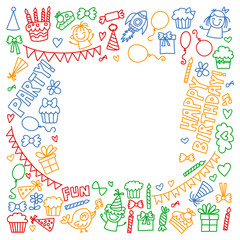 Vector pattern for birthday party for little kindergarten, school children. Kids drawing doodle style
