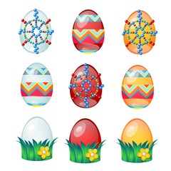 Set of colorful Easter eggs with patterns isolated on white background. Vector cartoon close-up illustration.