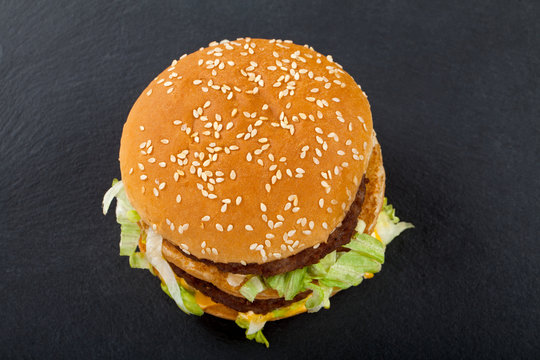 Delicious double cheeseburger. Top view