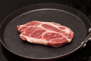 Pork steak in non-stick frying pan