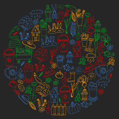 Garden, agriculture, garden tools, equipment, harvest. Icons of gardening items.