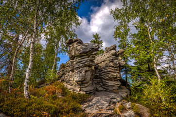 Scenic rock formation in autumn birch forest near stone labyrinth Bledne skaly in Szczeliniec Wielki in National Park Stolowe Mountains, Sudety, Poland