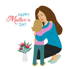 Happy mothers day, Hand draw design concept, Mom with a child and text on a white background, vector
