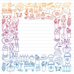 Fototapeta premium Garden, agriculture, garden tools, equipment, harvest. Icons of gardening items.