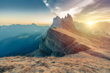 Epic Misty Morning Landscape of Dolomites Alps. Majestic Seceda Peak Tyrol, Italy, Europe.