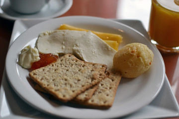 breakfast with cheese, toast, jam and cheese bread