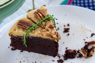 chocolate and cheez cream cake on dish white ready to eat
