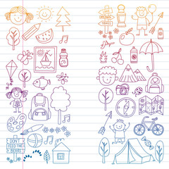 Vector set of camping, hiking icons for little children. School and kindergarten kids vacation.