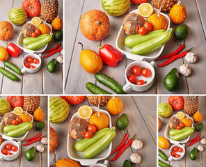 Assortment of Colorful  fresh fruits and vegetables,copy space. Detox, dieting, clean eating, vegetarian, vegan, fitness, healthy lifestyle concept. Fresh farmers market. Healthy food. Vitamins