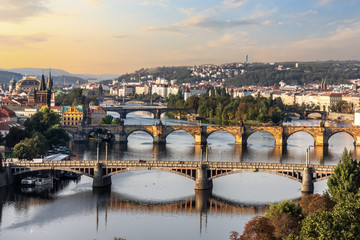 Fototapeta na wymiar Charles bridge and other bridges in Prague, aerial view