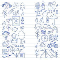 Vector set of camping, hiking icons for little children. School and kindergarten kids vacation.
