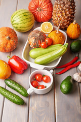 Assortment of Colorful  fresh fruits and vegetables,copy space. Detox, dieting, clean eating, vegetarian, vegan, fitness, healthy lifestyle concept. Fresh farmers market. Healthy food. Vitamins