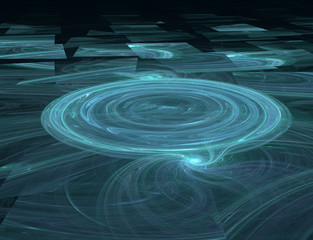 Fototapeta na wymiar blue circles, shapes and swirls on a dark background, futuristic geometric 3d illustration in perspective