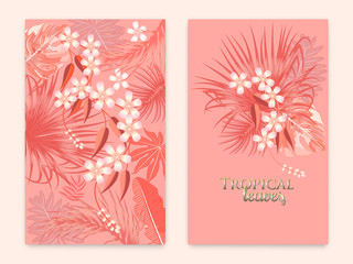Tropical vector set background in Living Coral color.