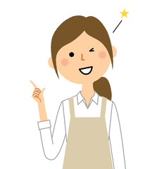 エプロンの女性　指をさす