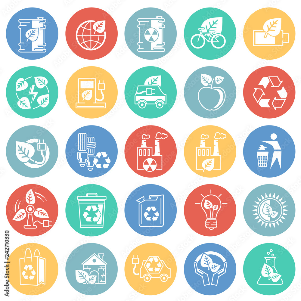 Fototapete Ecology icons set on color circles background for graphic and web design, Modern simple vector sign. Internet concept. Trendy symbol for website design web button or mobile app