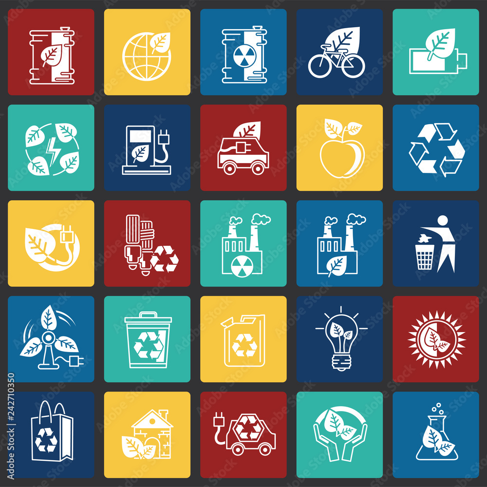 Fototapete Ecology icons set on color squares background for graphic and web design, Modern simple vector sign. Internet concept. Trendy symbol for website design web button or mobile app
